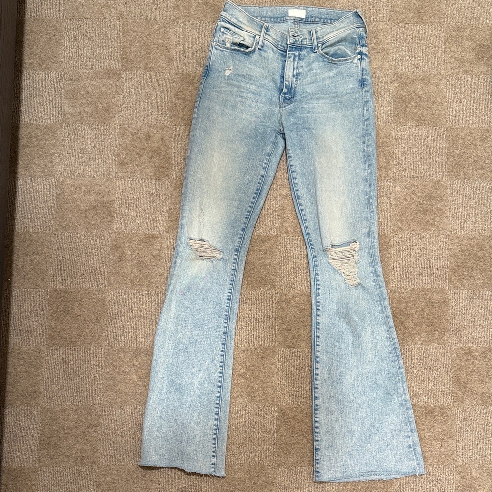 MOTHER Light Blue Distressed Flare Jeans: The Weekender Fray